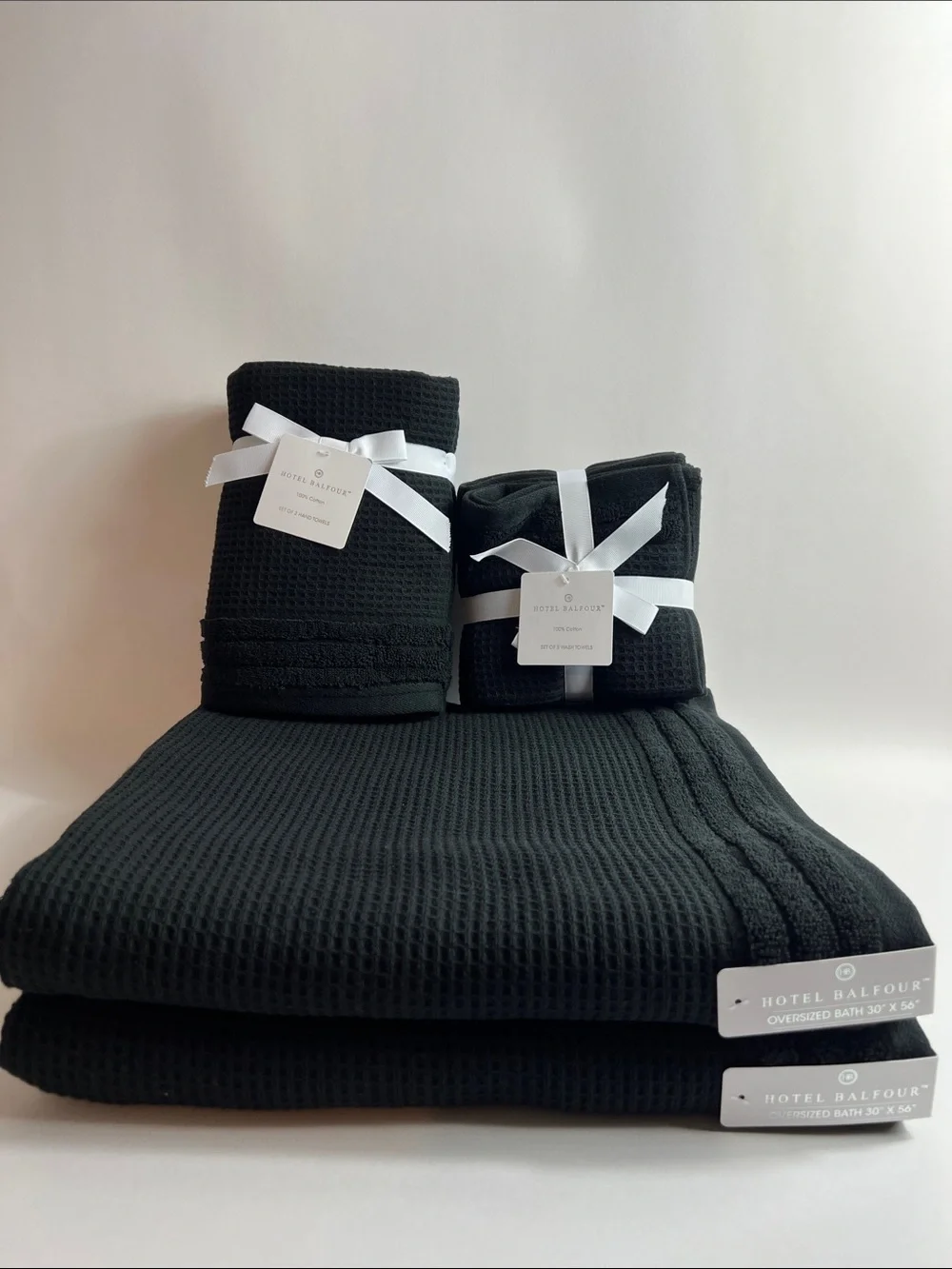 Hotel Balfour Bath Towel Set Black Waffle Texture Quick Dry Cotton Set of 9 NEW